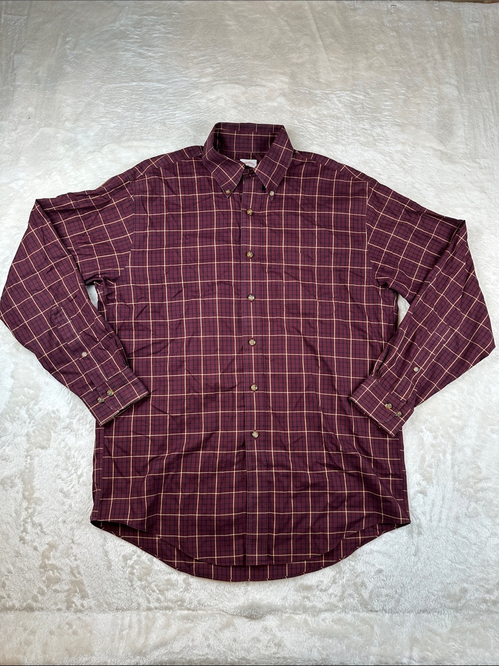 Brooks Brothers Size M Burgundy Plaid Button-Down Shirt Tan Windowpane | Formal